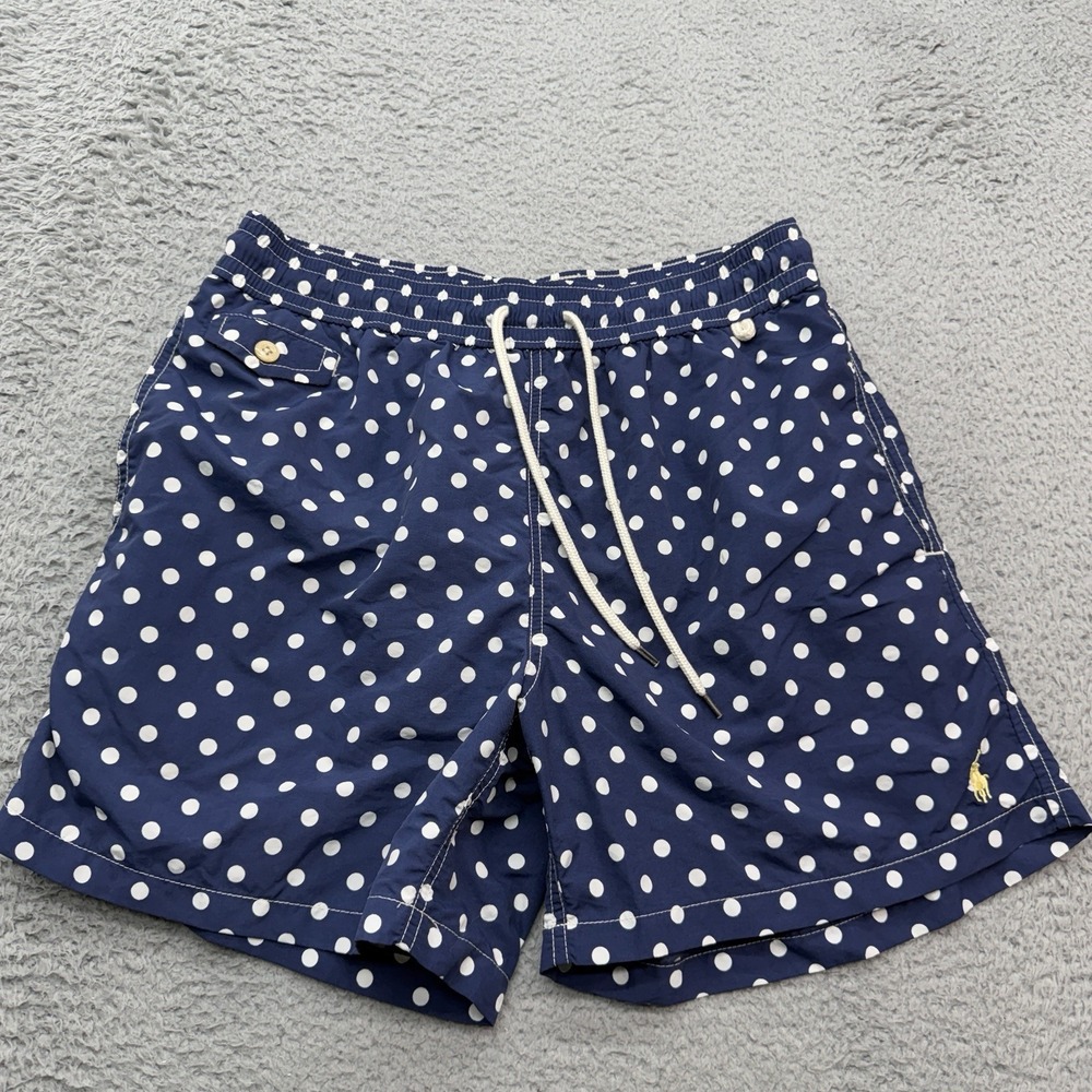 Polo Ralph Lauren Swim Trunks Men M Blue Polka Dots 5" Inseam Swimwear Preppy